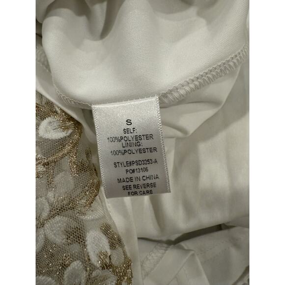 Polagram Elegant Lace Overlay Gold Embroidered Dress Size Small White Long - Picture 2 of 9